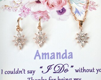 CLEARANCE Rose Gold Earrings & Necklace Set, Bridesmaid Gift, Mother of the Bride Groom, Personalized Wedding Favor, JS-027
