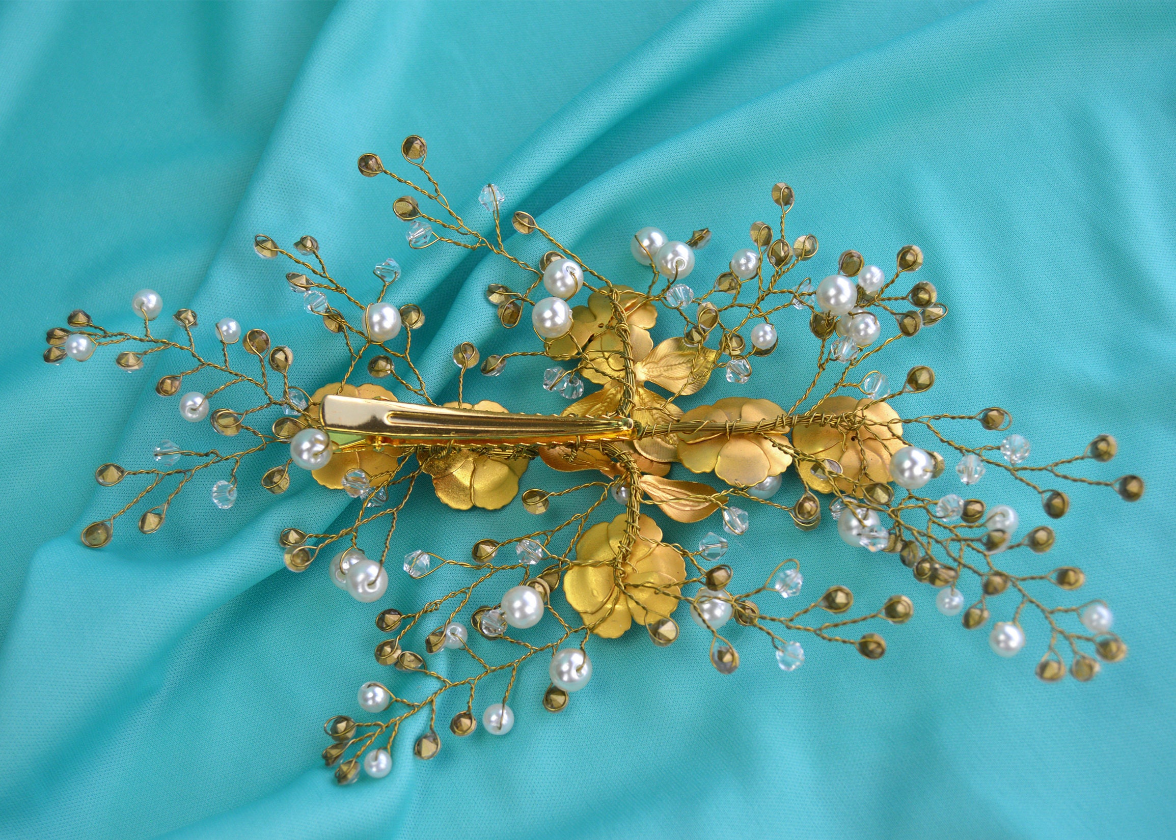 Large Gold Floral Hair Clip Wedding Bridal Headpiece Clear Etsy
