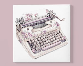Pink Floral Retro Typewriter Canvas - Shabby Chic Nursery Toddler Girl Room Wall Art - Romantic Girly Poster Home Décor