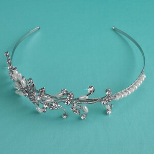 Crystal & White Pearl Side Bridal Headband, Silver Wedding Tiara, Rhinestone Crown, Crystal Headpiece, Bridal Hair Accessory, TI-028 image 3