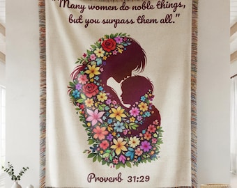 Floral Mother Hugging Child Blanket, Mother's Day Gift, Mom Birthday Gift, Christian Gift for Mom, Bible Verse Throw, Woven, Cotton, Fringed