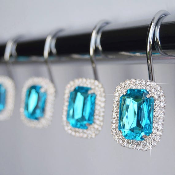 Shower Curtain Hooks Rings Luxurious Turquoise Blue Decorative Crystal  Diamond Rhinestones Bathroom Romantic Decor Set of 12 -  Canada
