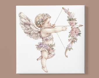 Baby Cupid Floral Watercolor Canvas - Shabby Chic Nursery Room Toddler Kids Bedroom Watercolor Wall Art Valentine Poster Home Décor Gift