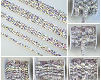 Iridescent AB Multi Color Rainbow Crystal Rhinestone Diamond Bling Trim Metal Chain 1 2 3 4 or 5 Row SS12 Silver - Sold Per Yard or Spool