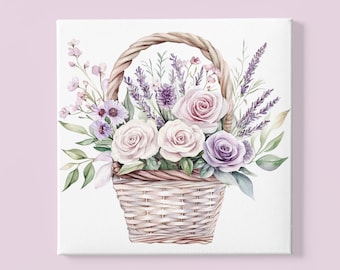 Romantic Floral Basket Canvas - Pink Roses Lavender Wildflowers Wall Art - Shabby Chic Watercolor Wall Art - Valentine Poster - Home Décor