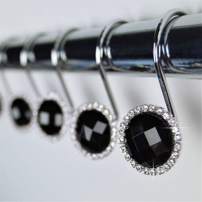 Shower Curtain Hooks Rings Black Crystal Diamond Gems Bling Etsy