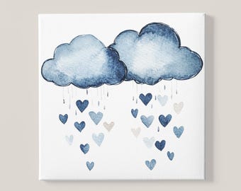 Blue Hearts Shower Canvas - Shabby Chic Nursery Room Toddler Kids Bedroom Watercolor Wall Art Valentine Poster Home Décor Baby Shower Gift
