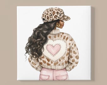 African American Girl in Animal Print Hat & Jacket Canvas Shabby Chic Toddler Kids Bedroom Watercolor Wall Art Valentine Poster Home Décor