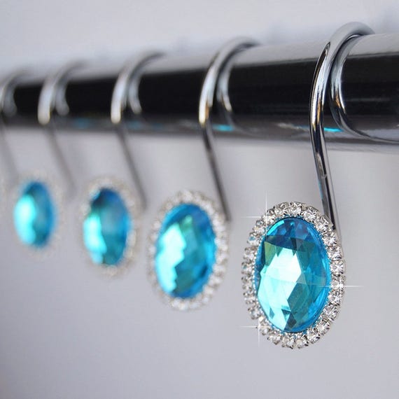Shower Curtain Hooks Rings Oval Turquoise Blue Decorative Crystal Diamond  Gems Bling Rhinestone Bathroom Bath Romantic Set of 12 