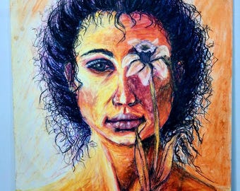 Oil Pastel, Woman with a Daffodil, Original, 20"x26"