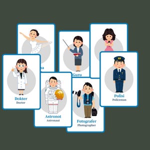 40 English Indonesian Flashcards, Bilingual Flashcards for learning jobs vocabulary, Flashcards for language learners, Education flashcards