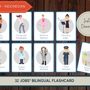 Indonesian Flashcards, Indonesian Printable, Learning Indonesian, Indonesian Vocabulary, Jobs in Indonesian, Bilingual Flashcards