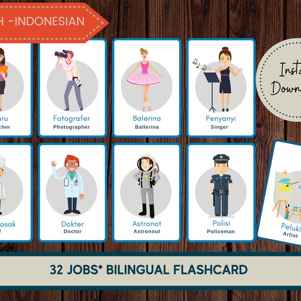 Indonesische Flashcards, Indonesisch afdrukbaar, Indonesisch leren, Indonesische woordenschat, banen in het Indonesisch, tweetalige Flashcards