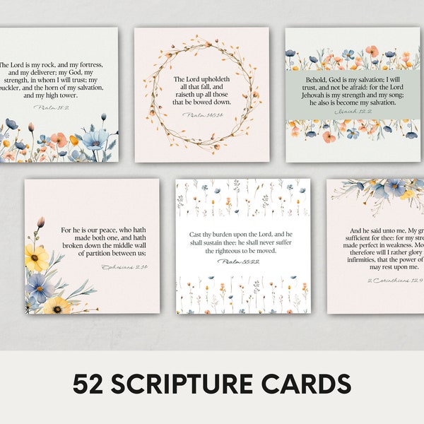 KJV Bible Scripture Cards, Set of 52 Printable Bible Verse Cards, Scripture Memorization, Prayer Cards, Christian Encouragement Cards