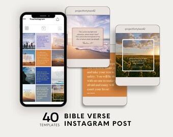 May include: 40 Instagram post templates featuring bible verses. The templates are designed with a variety of backgrounds, including a beach scene, a field of sunflowers, and a simple white background. Each template includes a bible verse and a quote from the verse.