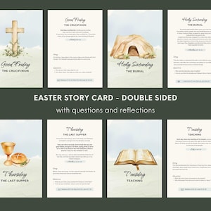 May include: A set of double-sided Easter story cards featuring watercolor illustrations of a cross, a tomb, a chalice with bread, and an open book. Each card includes text detailing events like The Crucifixion, The Burial, The Last Supper, and Teaching, along with reflection questions and scripture references.