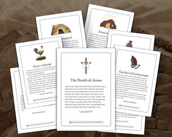 May include: A set of printable cards with illustrations and text about the story of Jesus's death and resurrection. The cards feature images of a rooster, a tomb, a cross, a garden, and a praying hand. The text includes Bible verses and quotes.