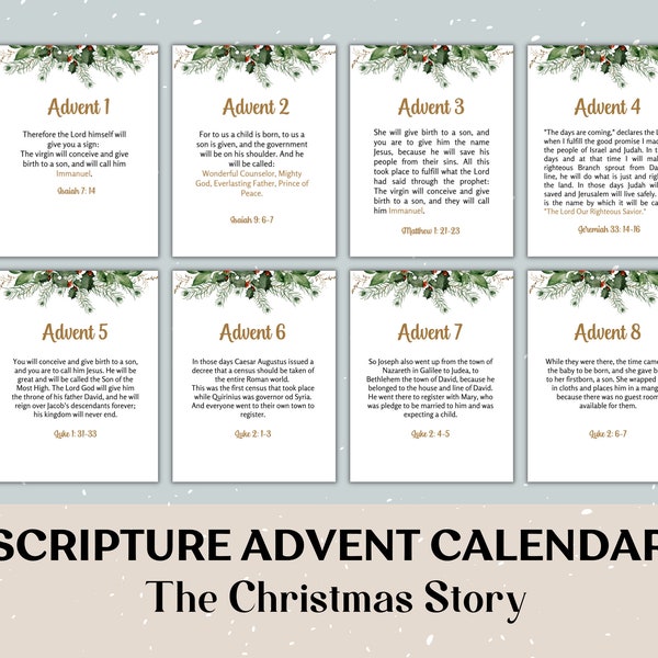 Scripture Advent Calendar for Printable, Christmas Countdown, Bible Verse Card for Christmas, 25 Days of Christmas Advent Scripture
