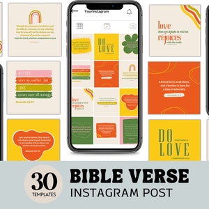 May include: A set of 30 Instagram post templates featuring colourful backgrounds and inspirational Bible verses. The templates are designed with a modern, minimalist aesthetic and include quotes about love, faith, and perseverance.