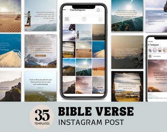 May include: A collection of 35 Instagram post templates featuring Bible verses and inspirational quotes. The templates feature a variety of nature scenes, including mountains, rivers, and beaches. The text is in a modern, minimalist style, with a focus on positive messages.