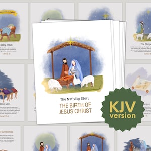 Afdrukbare kerststal kaartreeks voor kind, adventskerstverhaalkaart, verhaal van Jezus 'geboorte met bijbelteksten en bonusactiviteit, NBG