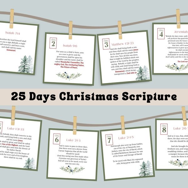Advent Calendar, Printable Advent Story, Christmas Countdown, Bible Verse Card for Christmas, 25 Days of Christmas Advent Scripture,  KJV