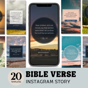 Puede incluir: 20 plantillas de historias de Instagram con un fondo azul y blanco que presentan diferentes versículos bíblicos. El texto incluye "Queridos hijos, no digamos simplemente que nos amamos unos a otros; demostrémoslo con nuestras acciones. 1 Juan 3:18" y "El Señor es compasivo y misericordioso, lento para la ira y abundante en amor. Salmo 103:8".
