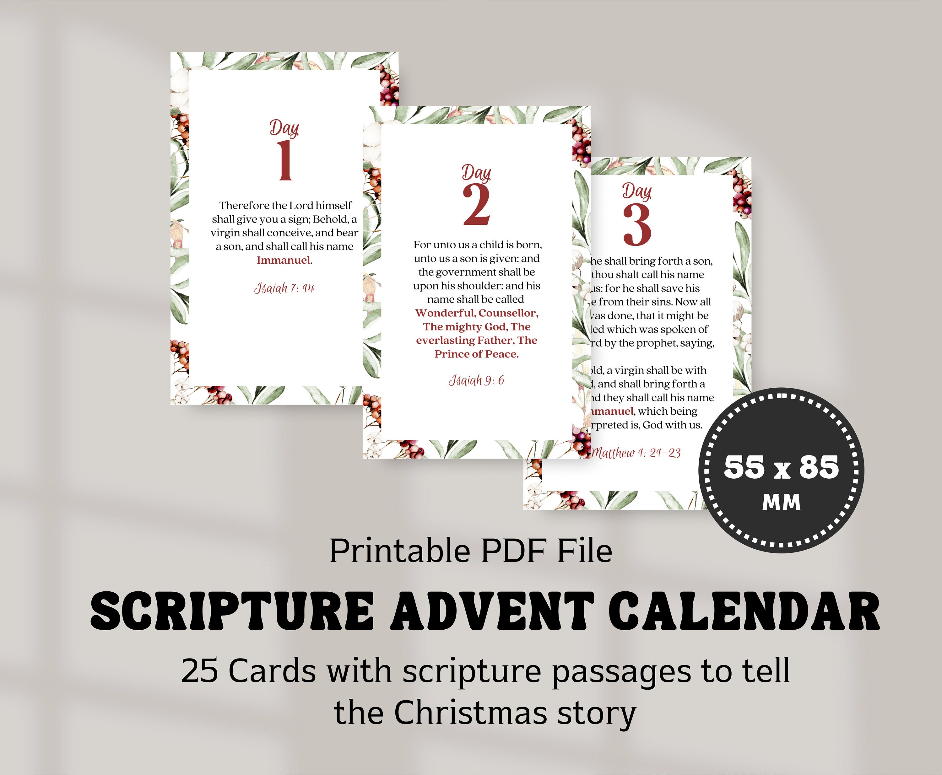 Scripture Advent Calendar for Printable, Christmas Countdown, Bible Verse Card for Christmas, 25 ...