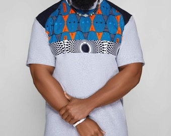 Men’s Gray African Print T-Shirt w/ center Patchwork | African Print | African | Men Shirt | Cloth&Cord