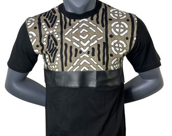 Men’s Grey, White, Black Faux Leather African Print Unisex Shirt | African Print | African | Men Shirt | Cloth&Cord