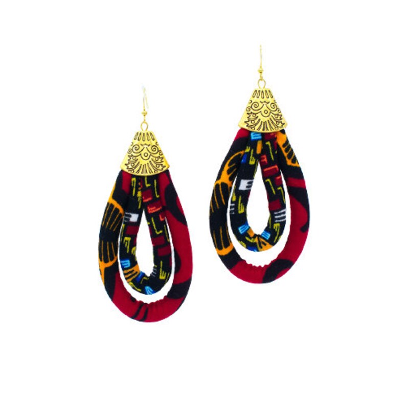 African Cloth Earrings for Women Red Ankara Hoop Earring Mini Double Loop Earring Ketepa Print Earring African Print Jewelry Red image 3