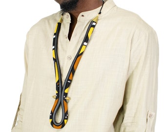 African Mudcloth Print and Leather Y Necklace | Brown, Yellow, Gold, Black, White Men's Tie | Ladies Necklace | Unisex Collar | Cloth & Cord