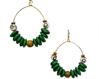 Ashanti Glass Bead Earrings | Pistachio | Green | Olive and Gold Earrings|African Earrings