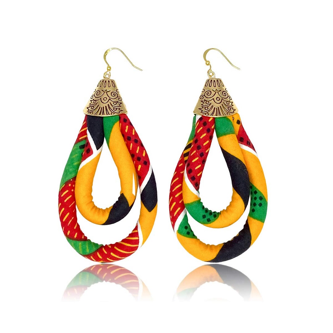All Yellow Kente Double Loop Mini Earrings Traditional Print Kente