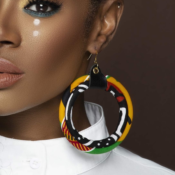 Red Black Yellow Green African Hoop Earrings | Kente Print Earrings | Mud cloth print Earrings | Afrocentric Earrings