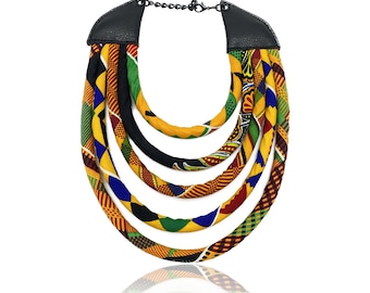 African Kente Mix Print Necklace | 5 Strand Collar | African Cloth Necklace | Cloth & Cord