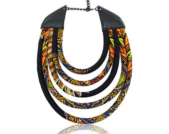 African Dashiki Print Necklace | Black Java fabric Yoruba West African Rope Necklace | Cloth & Cord