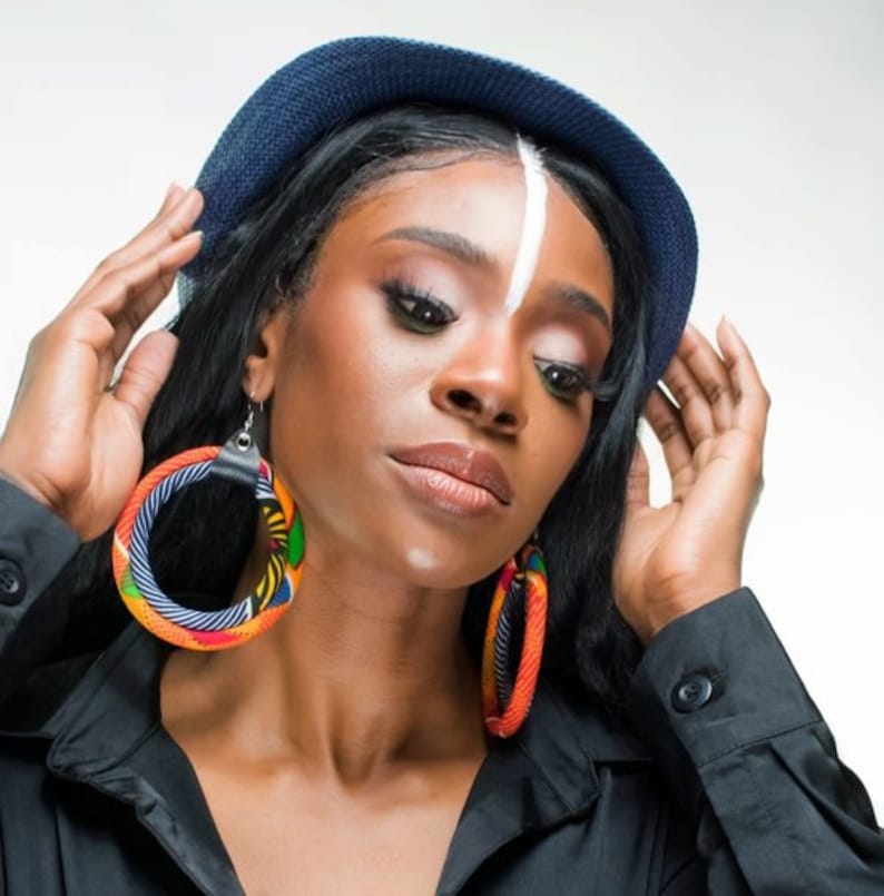 African Hoop Earrings Orange Kente and Blue Stripe Earring Etsy