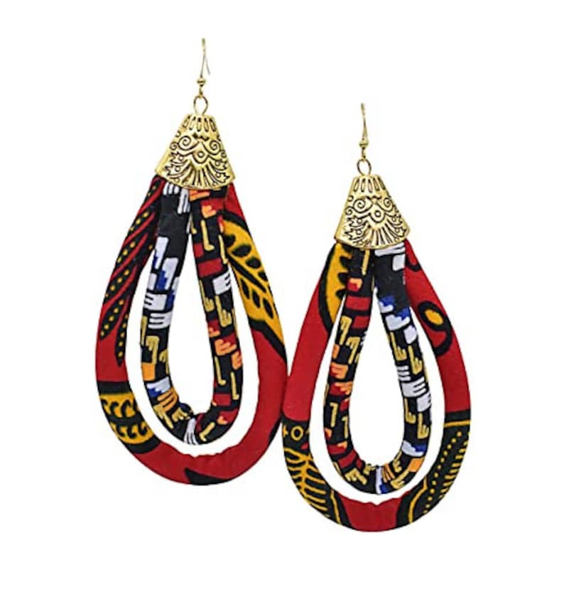 African Tribe Jewelry Red Africa Earrings Ankara African Double Loop Earrings Ankara Print Earrings African Hoop Earrings Ethnic image 6
