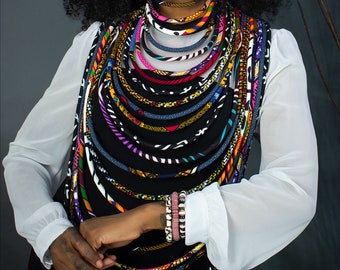 African Necklaces | Maasai Jewelry | The Legend Ankara-Kente Necklace | Long Multi-strand African Wax Necklace | Ankara Conversation Piece