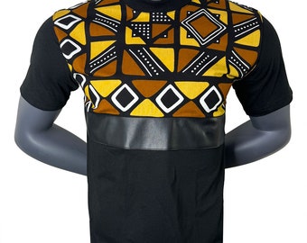 Men’s Brown, Yellow, White, Black Faux Leather African Print Unisex Shirt | African Print | African | Men Shirt | Cloth&Cord