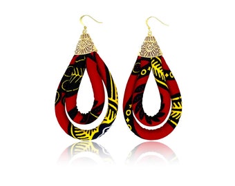 Ankara Print Red Mini Double Loop Earrings | Rope Earrings | Red African Earrings | Cloth & Cord