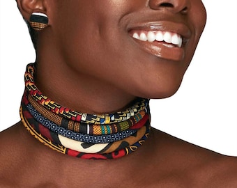 African Cloth Choker | African Print 5 Strand Choker | The Monarch Kente Choker  | Brown, Black, Marron, Blue, Red | Foulard | Ketepa Choker