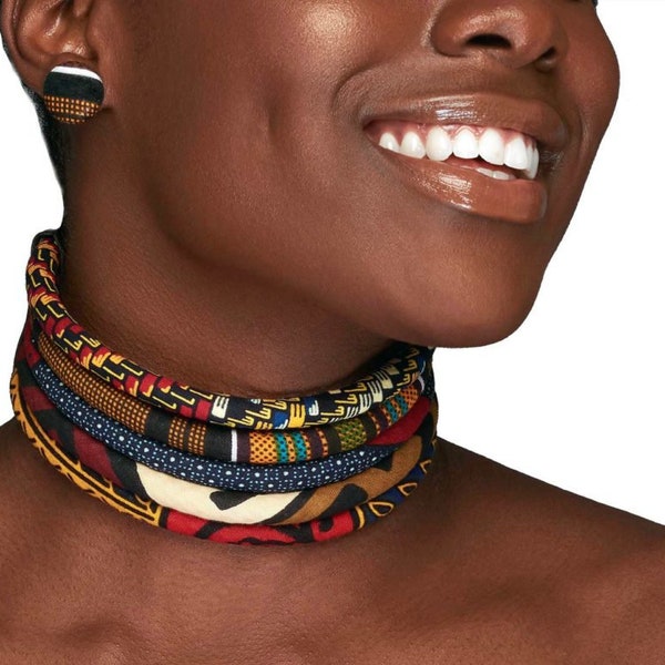 African Cloth Choker | African Print 5 Strand Choker | The Monarch Kente Choker  | Brown, Black, Marron, Blue, Red | Foulard | Ketepa Choker