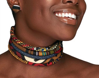 African Cloth Ketepa Choker | African Print 5 Strand Choker | The Monarch Kente Choker | Brown, Black, Maroon, Blue| Foulard | Cloth & Cord