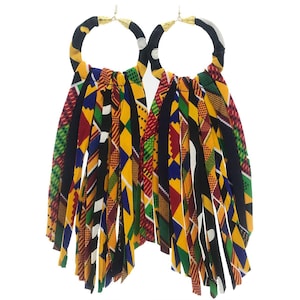 Saffron Yellow African Tassel Earrings - Fringe Wax Print Earrings - Yellow Red Black Ankara Earrings -