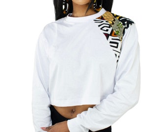 Women's Crop Top White African Print Long Sleeve Shirt | Shoulder Print | Juneteenth | Heat Pressed Print | African | Cloth & Cord