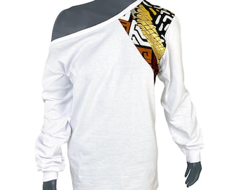 Women's Unisex African Print Shoulder White T-Shirt | Brown, Gold, Yellow, Black| African White T-Shirt | Ladies African Shirt |Cloth & Cord