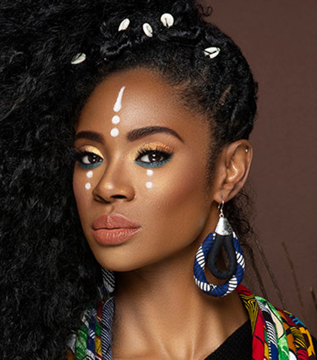 African Cloth Earrings for Women blue, White and Black Mini Double Loop