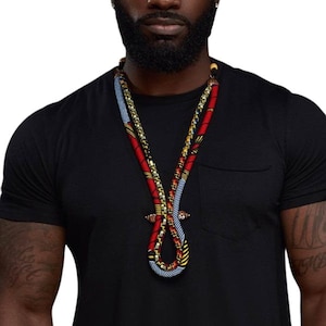 African Necklace for Men |  Red Ankara Necklace | Men’s Ketepa Corded Necklace | Men&#39;s African Tie | Mens Tribal Jewelry | Red, Blue, Yellow